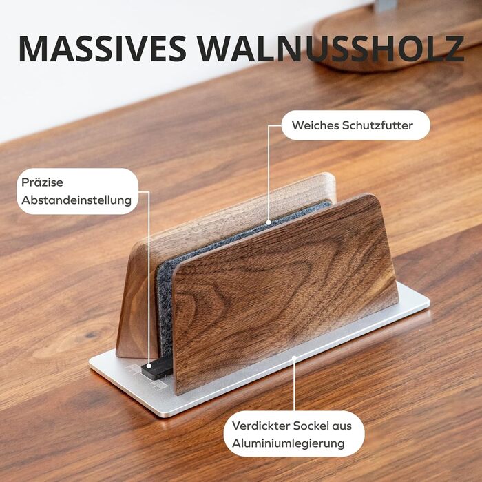 Підставка для ноутбука з дерева та алюмінію Muso - вертикальна. Компактний регульований тримач для MacBook Pro/Air, iPad, Samsung, планшетів та ноутбуків.