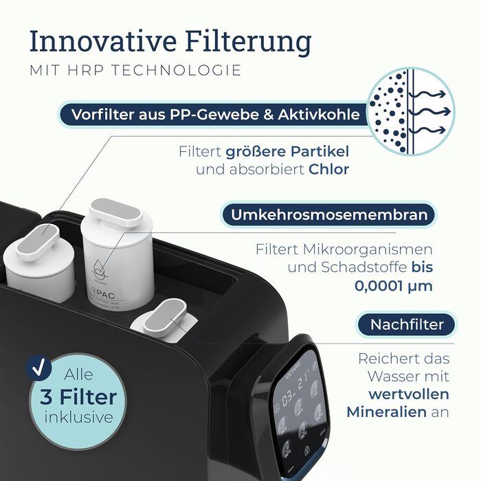 Система зворотного осмосу VILTARO для питної води чорна, 5-ступінчаста система фільтрів, 6 температурних рівнів, мобільна без підключення до води система зворотного осмосу Осмотичний фільтр для води фільтр від вапняного нальоту фільтр для питної води