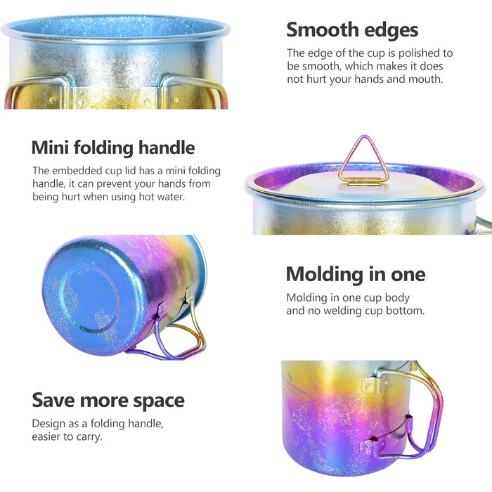 Мл титанова кружка з кришкою кемпінгова чашка для чаю та кави, відкритий, подорожі, металевий посуд зі складною ручкою, одношарова чашка з льодяною квіткою, портативний пішохідний пікнік-рюкзак, ультралегкий посуд Ti3055D колір, 450