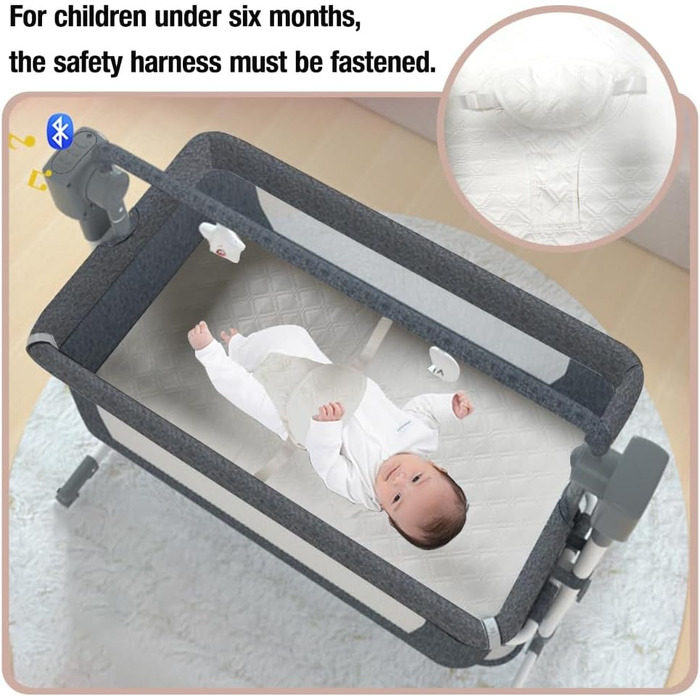 Дитяче ліжечко-ліжечко, дитяча колиска з колесами, дихаюча сітчаста тканина, безпечна та стійка конструкція, дитяче ліжко з 5 режимами гойдання (БЕЖЕВИЙ)