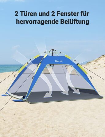 Пляжний намет Glymnis Quick Up, автоматичний пляжний намет із дверима на блискавці, захист від ультрафіолету 50, вітрозахисний, невеликий розмір у упаковці, пляжний намет для 3-4 осіб, синій