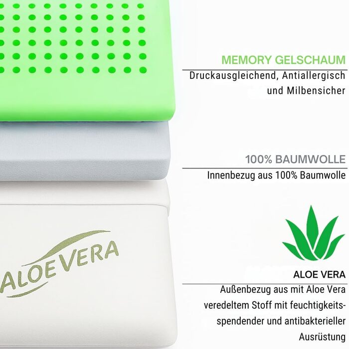 Подушка з піни з ефектом пам&39яті з алое вера, чохол, який можна прати, з екстрактом алое вера, ергономічна для голови та шиї, біла