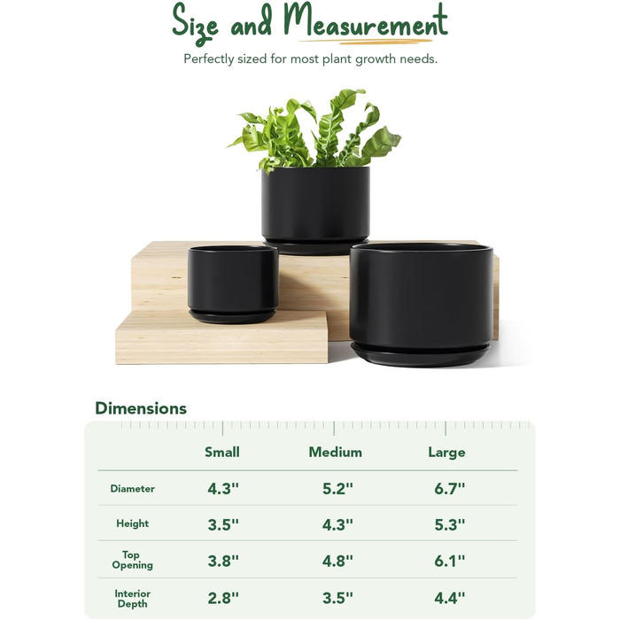 Набір з 3 керамічних квіткових горщиків, діаметром 111317 см, набір для невеликих кашпо, квітковий горщик для кімнатних рослин з блюдцем та дренажним отвором, чорний