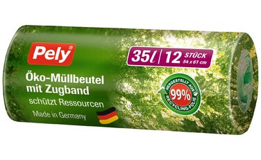Екологічні сміттєві пакети Pely зі шнурком, 35 літрів, вигідна упаковка 11 x 12, виготовлені з 99 переробленого матеріалу, для утилізації побутових відходів та залишкових відходів