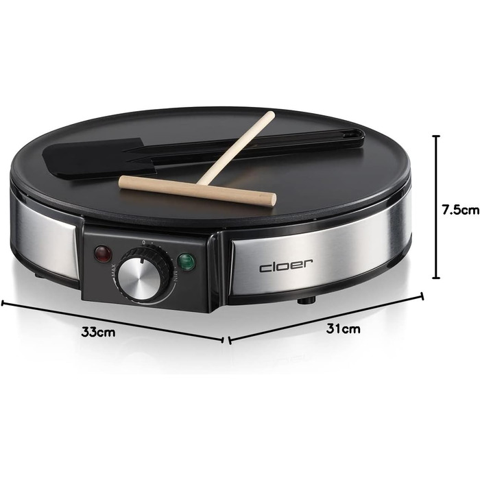 Млинниця Cloer 6630, для солодких або солоних млинців з 30 см Ø, 1200 Вт, антипригарне покриття, в т.ч. дерев'яний розмазувач і токар тіста, чорний Single