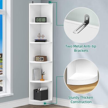 Біла 5-ярусна кутова книжкова полиця 30x30x180 см, Дерев&39яні книжкові полиці, Відкрите місце для зберігання, Книжкові полиці для вітальні, домашнього офісу, Окремостояча кутова полиця Біла* 30Г x 30Ш x 180В см