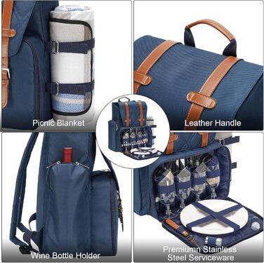 Рюкзак для пікніка на 4 особи з великою ізольованою сумкою-холодильником, набором кошика для пікніка з сумкою для вина, водонепроникною ковдрою для пікніка та набором столових приборів. Ідеально підходить для кемпінгу, весільний подарунок для пар, синій.