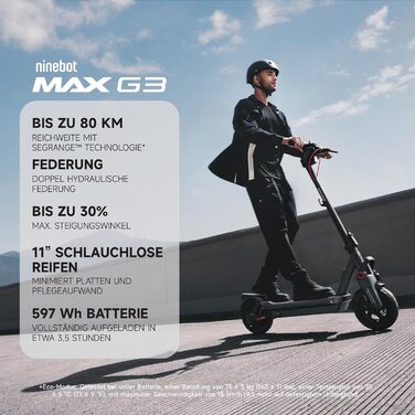 Електросамокат Segway-Ninebot MAX G3 D запас ходу до 80 км (Eco) / 75 км (Sport), подвійна гідравлічна підвіска, вантажність 130 кг, Smart-дисплей, зарядка за 3,5 год