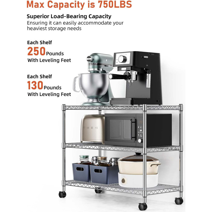 Простий 3-ярусний стелаж Deluxe, міцний, 61 см Г x 35 см Ш x 56 см В, 3-ярусний, хромований