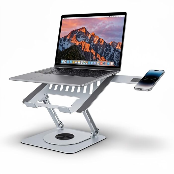 Стійка для ноутбука з магнітним тримачем для телефону, поворотна на 360 та регульована по висоті, виготовлена зі сталевого сплаву надміцна, складана, ергономічна з вентиляцією, для ноутбуків 1017,3 дюймів