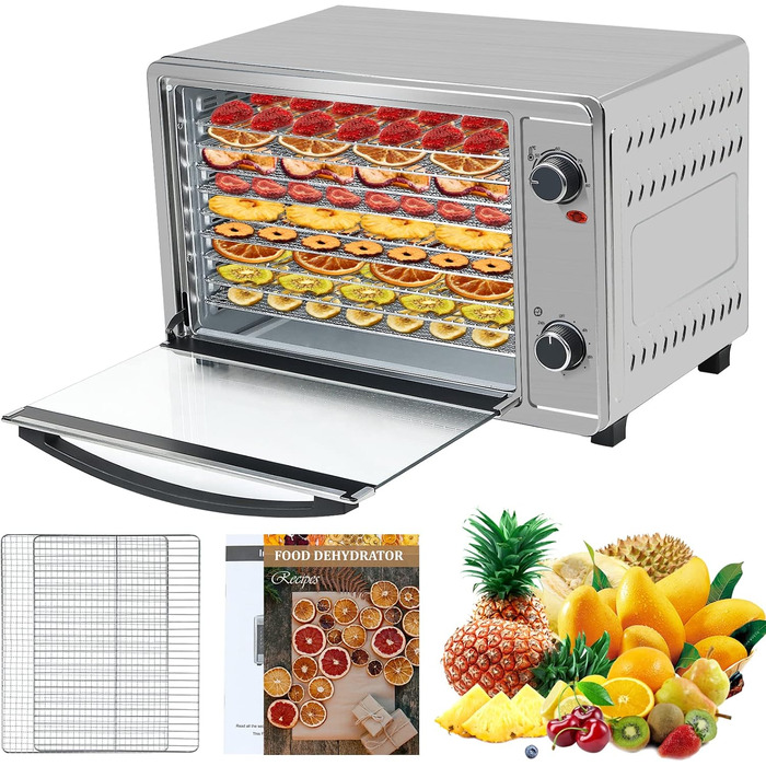 Дегідратор для їжі Skyehomo з нержавіючої сталі з рецептами, дегідратор 30 л з 8 решітками, які можна мити в посудомийній машині, 40-80C сухий з таймером на 24 години, 0,78 Дегідратор для їжі, дегідратор без BPA, м'ясо, фрукти, овочі 30 літрів