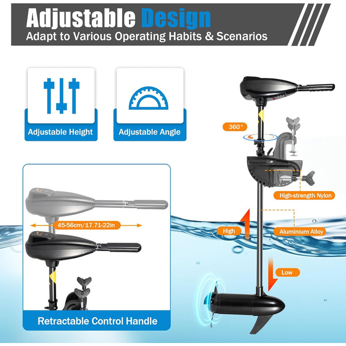 Підвісний електродвигун MINRS 800 Вт 80 фунтів 12 вольт, електричний човновий двигун, 5 передач вперед 3 передачі назад, регульована висота для човнів довжиною не більше 4 м, шириною не більше 5 м
