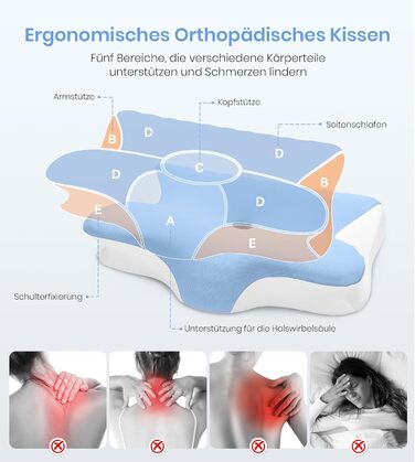 Подушка для шиї, ортопедична подушка з регульованою висотою з піни з ефектом пам&39яті, ергономічна подушка для шиї для сну на боці, спині та животі, подушка для сну на боці, 60x41,5x10/12 см, біло-синій