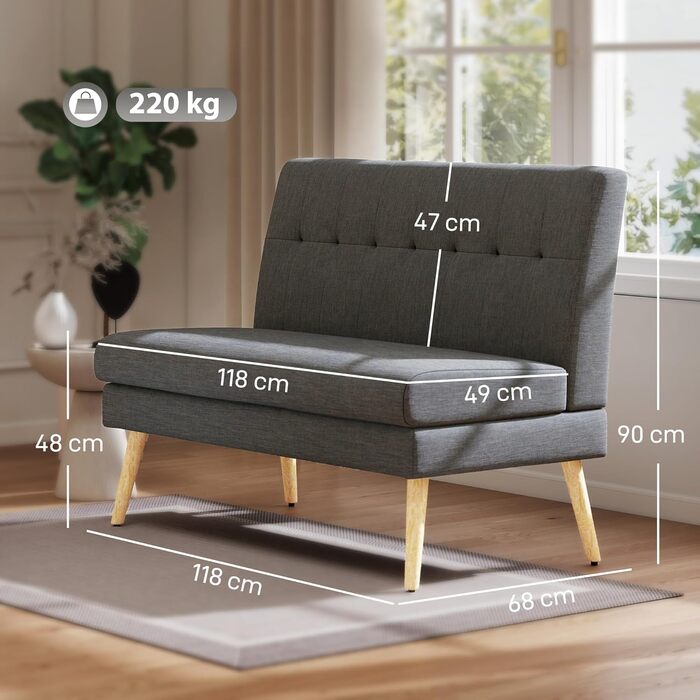 Місний диван HOMCOM з лляним виглядом, спинка з м&39якою оббивкою, невеликий сучасний м&39який диван, 118 см, м&39який двоспальний диван з дерев&39яними ніжками для віталень, невеликі приміщення, темно-сірий, 2-