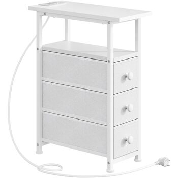 Приліжкова тумба HOOBRO із зарядною станцією, 1 стандартна розетка, 2 USB-порти, вузька бічна тумба, 3 шухляди з нетканого матеріалу, відкрите відділення, для вітальні, спальні, білий EWW482CBZ01