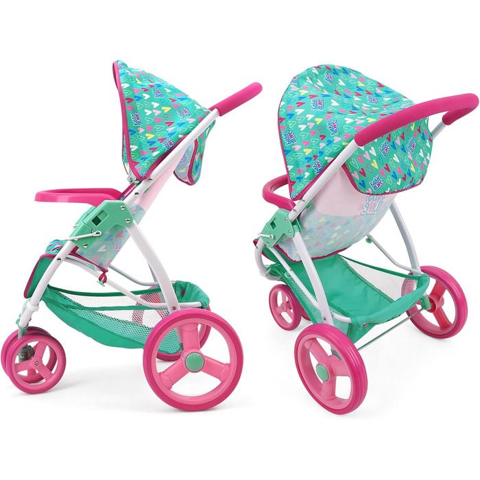 Лялькова коляска для бігу, зелена, рожева, сердечка, аксесуари для ляльок до 61 см, складна конструкція, висувний балдахін, для зб