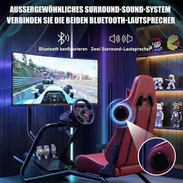 Підставка для керма гоночного симулятора з 3D стереодинаміками, кріпленням для монітора, регульованим кріпленням керма, кріпленням для важеля перемикання передач та педалями (бордовий)