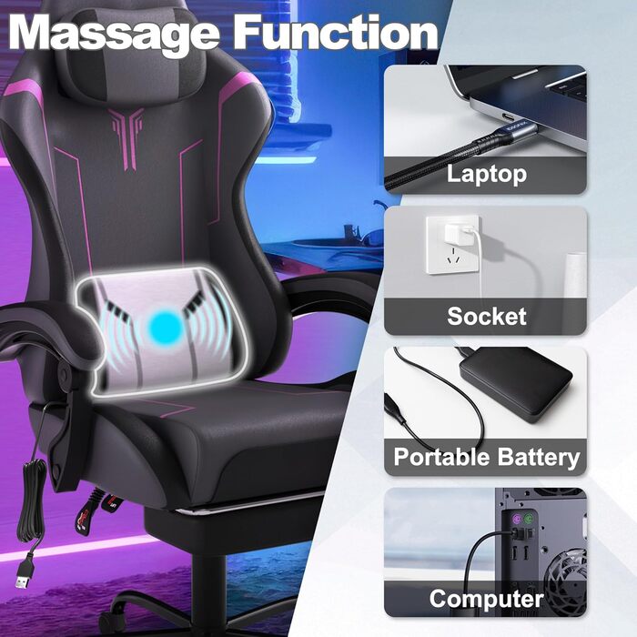 Ергономічне ігрове крісло UISEBRT з масажем та підставкою для ніг, зручне ігрове крісло, регульована спинка, підголівник та масажна поперекова подушка - сірий, чорний та фіолетовий