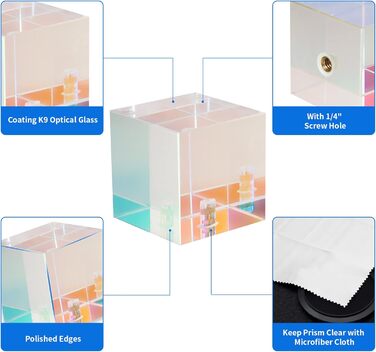 Фотографічна мембранна кришталева призма з різьбовим отвором 1/4', професійна оптична кришталева скляна кубічна призма, створює ефект легкої веселки для студії фотографів