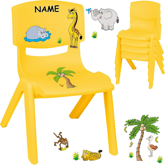 Дитячий стілець/крісло - вибір дизайну - жовтий наклейка - тварини зоопарку та жираф - пластик - вантажопідйомність до 100 кг/захист від перекидання - для використання в приміщенні та на вулиці - 0-99 років - 1 стілець - тварини зоопарку без назви та жира