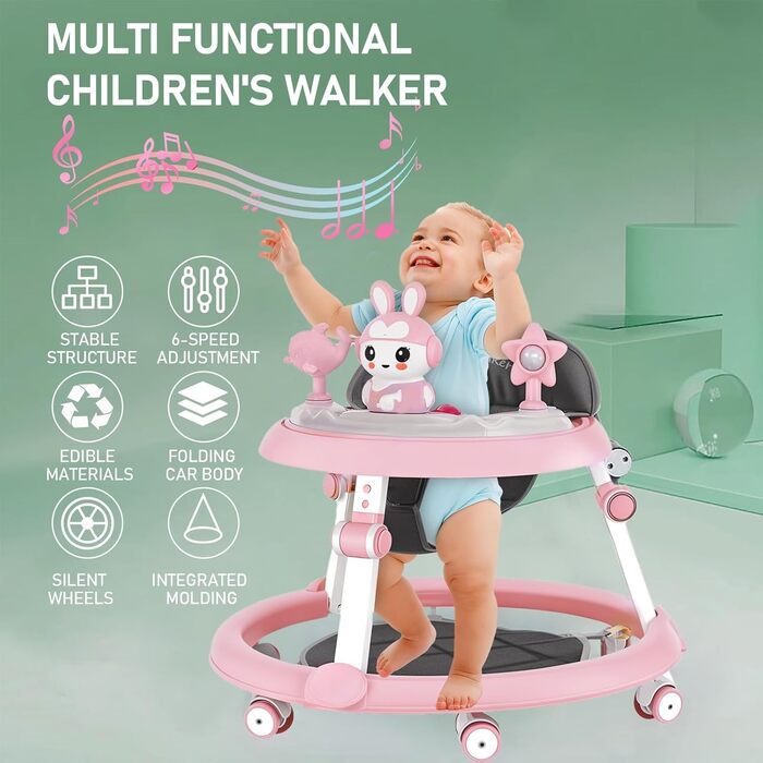 Дитячі ходунки 3 в 1 з килимком на підлозі, шасі з 6 коліс та захистом від перекидання, регульована висота, ходунки з музичним підносом та іграшками, складаються для зручного зберігання, ідеально підходять для хлопчиків, рожеві