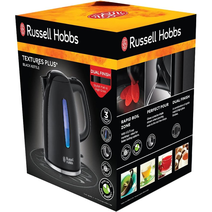 Чайник Russell Hobbs 1,7 л, 2400 Вт, синє світлодіодне підсвічування Textures (функція швидкого закипання, знімний фільтр від наки
