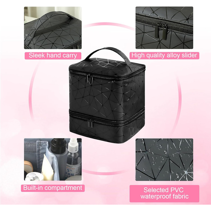 Портативна сумка для зберігання лаку для нігтів HA BIN, двошарова сумка-органайзер для лаку для нігтів на 30 пляшечок 1 лампа, водонепроникна з відділеннями, косметичка для подорожей, чорна