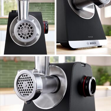 Електрична м'ясорубка Bosch MultiPower Serie 6 MFWS660B, 2100 Вт, нержавіюча сталь, 3 диски (3, 4.5, 8 мм), насадки для ковбас, кеббе та тертя, соковижималка, чорна
