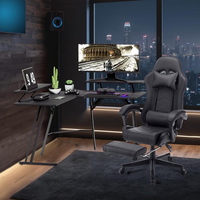 Великий ігровий стіл, L-подібний комп&39ютерний стіл з підставкою для монітора, карбонова поверхня, ергономічний кутовий стіл для ігор та домашнього офісу