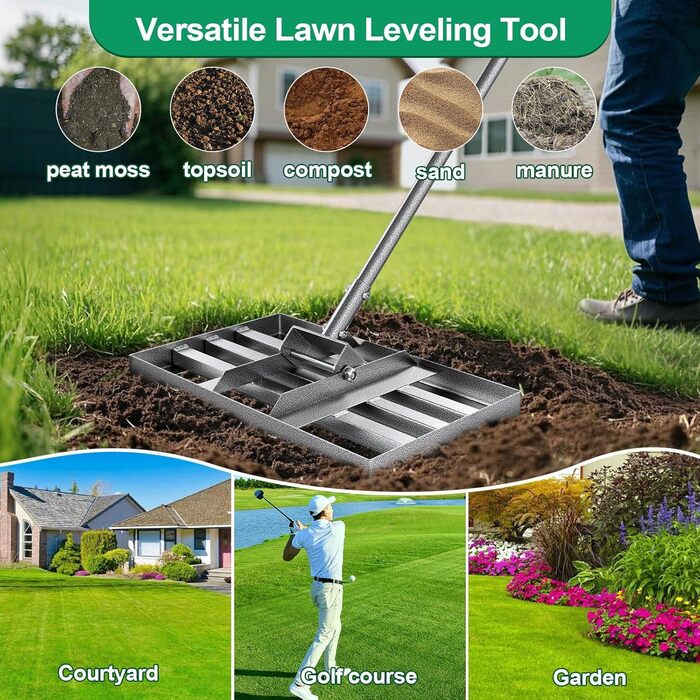 Вирівнювач газону Расен 43x26 см, міцний граблі для вирівнювання трави з гладкою кромкою та ручкою 145 см, інструмент для вирівнювання газону, саду, піску, ґрунту та підживлення 43 x 26 см