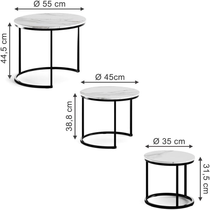 Набір журнальних столиків Vicco Montreal, білий/чорний, 55 x 55 см, 3 предмети, білий/чорний, комплект з 3 предметів