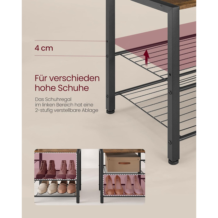 Вішалка для пальто VASAGLE з лавкою для взуття, шафа, 5 полиць з ДСП, 9 потрійних гачків, 6 бічних гачків, 40 x 120 x 190 см, вінтажний коричневий-чорний HSR426B01 Вінтажний коричневий чорнильний