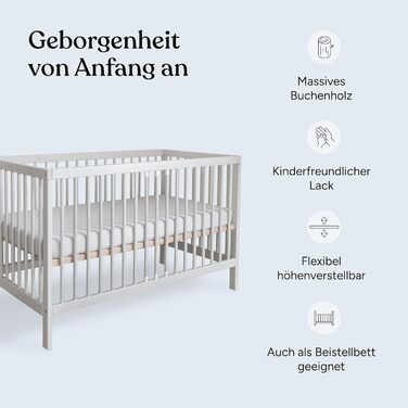 Дитяче ліжко Ehrenkind PUR з матрацом 140x70 з бука Світло-сірий колір Дитяче ліжко з 9-ступінчастим регулюванням висоти зі знімними поручнями Дитяче ліжко 140x70 см Pur матрац світло-сірий колір