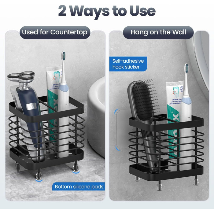 Тримач для зубної щітки Luxspire, тримач для електричної зубної щітки з нержавіючої сталі, настінний тримач для зубної щітки без свердління зі зливними отворами для органайзера для зубної пасти у ванній кімнаті, тримач головки для зубної щітки, чорний