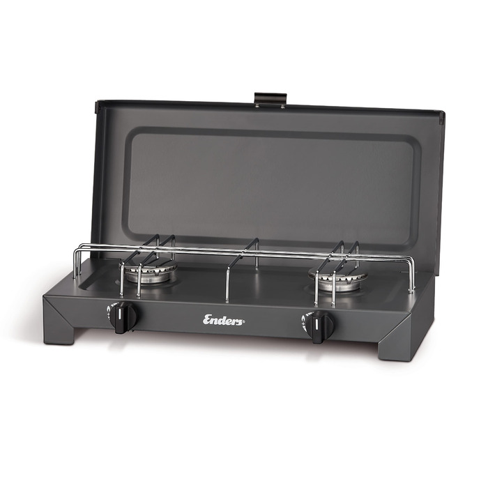 Газова плита Enders Camping Stove CANBERRA 2, 2-конфоркова, 2 конфорки з нержавіючої сталі 2x2,3 кВт, може працювати від газового балона або накрутного картриджа, загальна потужність 4,6 кВт, підставка для каструлі, знімна кришка, 1790