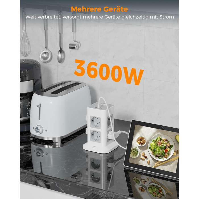 Місна розетка з USB C, захист від перенапруги з 3 USB і 1 USB C, розетка з вимикачем, подовжувач 2M для дому, 3600 Вт 2 метри, 8-