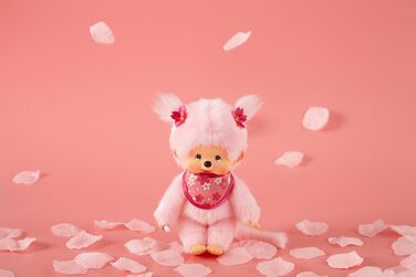 Оригінальна лялька Monchhichi Вишня в цвіту, плюшева фігурка з нагрудником та косичками з квітами, м'яка іграшка рожевого кольору, приблизно 20 см, 767020 -