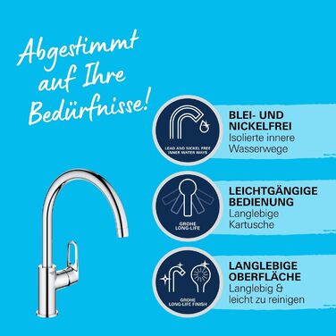 Кухонний змішувач GROHE Start Flow з високим виливом, поворот на 360, легкий монтаж без інструментів, хром, 31555001