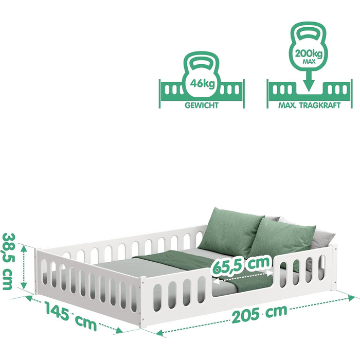 Дитяче ліжко 2-в-1 на підлозі 140x200 см Монтессорі зі знімними захисними поручнями - Біле, 46 кг, Вантажопідйомність до 200 кг, Надміцна згортається рейкова основа, Трансформоване 140 x 200 см Біле - 1 центральний вхід