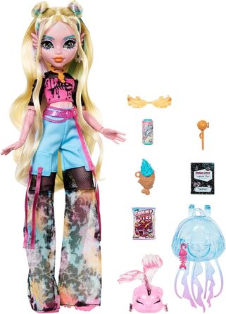 Лялька Monster High Lagoona Blue у сітчастій футболці та штанях-карго з рибкою Нептуною та аксесуарами, такими як рюкзак, перекус та блокнот, HXH75 Lagoona Blue з Нептуною