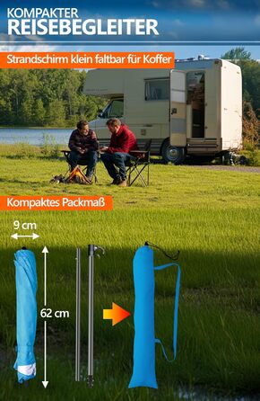 Пляжна парасолька Menz Ø 160 см - Функціональна дорожня парасолька UPF 50 для валіз - Практична, маленька складна пляжна парасолька, компактна пляжна парасолька, що поміщається у валізу, синя