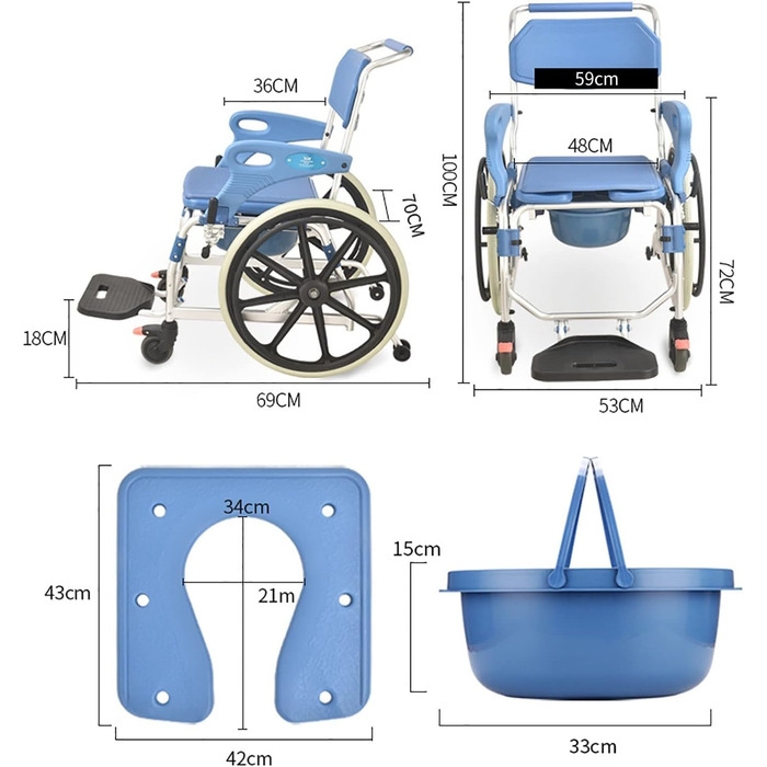 Туалетний стілець, Туалетний стілець з колесами для душу, Приліжковий туалетний стілець з колесами, Мобільний туалетний транспортний інвалідний візок для людей похилого віку та інвалідів, 33
