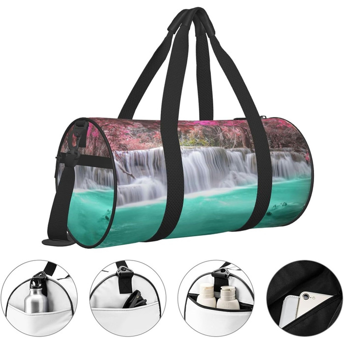 Спортивна сумка для подорожей, малюнок Водоспад, чорна, універсальний розмір