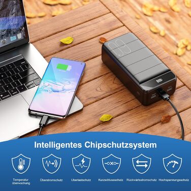 Зовнішній акумулятор Power Bank 60000 мАг, потужністю 22,5 Вт, швидка зарядка через USB-C, 4 виходи та 3 входи, сумісний зі смартфонами, планшетами тощо, чорного кольору, дуже великий
