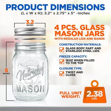 Банки Nutrichef Mason з кришками - 473 мл (16oz) скляні контейнери з магнітною кришкою для спецій, домашнього приготування, вівсянки на ніч, джему, меду, свічок, рукоділля, весільних сувенірів (набір 4 шт.)