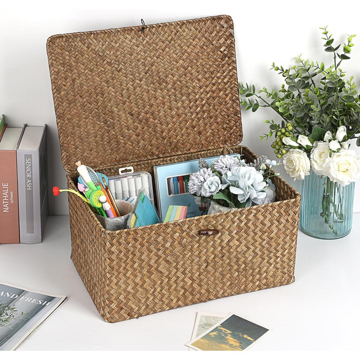 Плетений кошик для зберігання з морської трави з кришкою, натуральний плетений коричневий кошик-поличка з пряжкою для організації іграшок, одягу, фруктів для гардеробу, вітальня, 40 x 28 x 19 см, кавово-коричневий