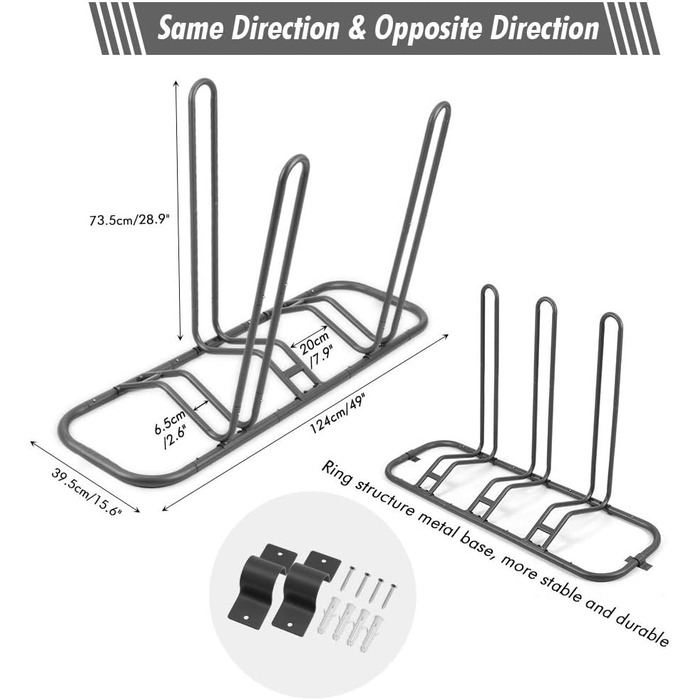 Стійки для велосипедів, Стійки для зберігання велосипедів Електровелосипеди Стійки для велосипедів Кілька підставок Велосипедні стійки Місця для 3 велосипедів Ширина шин Велосипедні стійки Наземні підставки, 124 x 39.5 x 73.5 см