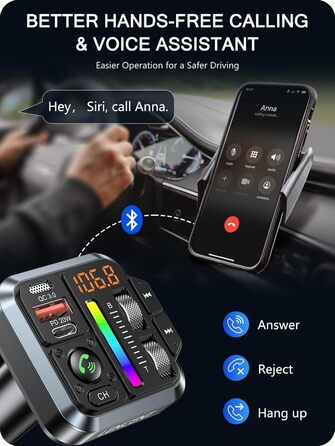 Автомобільний FM-передавач LENCENT Bluetooth 5.3, адаптер тону високих і низьких частот, радіоадаптер з PD 20 Вт і QC 3.0, гучний зв'язок, Siri Google Assistant