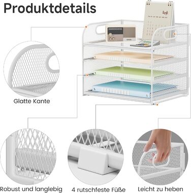 Органайзер для столу VITVITI, 4-ярусний лоток для листів, штабелювані тримачі для файлів, лотки з ручками, канцелярське приладдя для документів A4, паперу, книг, журналів (білий)