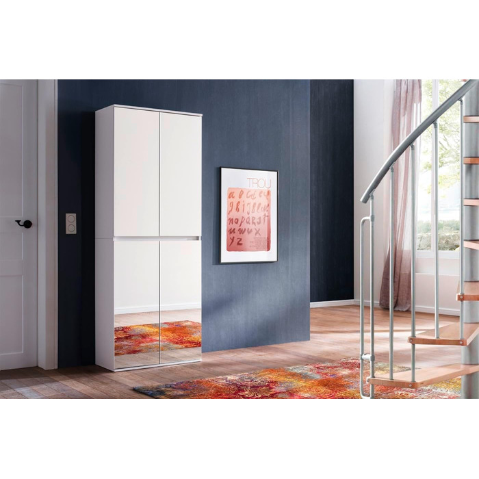 Дзеркало - Шафа - Біла - Багатофункціональна шафа з великою кількістю місця для зберігання - (Ш x В x Г) 74 x 191 x 34 см - анга для одягу та 6 полиць, 4 дверцята